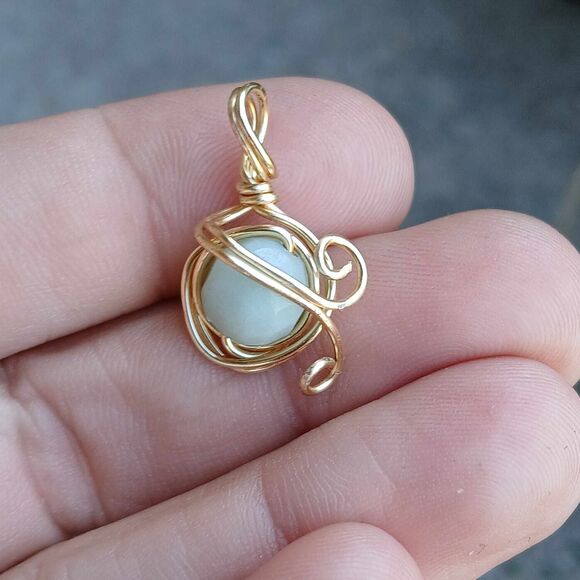 Faceted Amazonite Crystal Beaded Charm Pendant, Wire Wrapped, Gold, 8mm - Picture 3 of 3